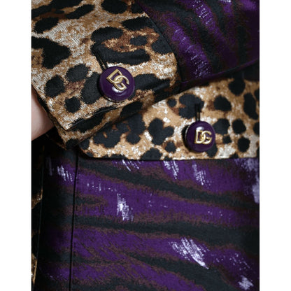 Dolce & Gabbana Purple Lamé Jacquard Tiger Print Coat Jacket