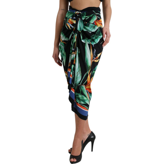 Dolce & Gabbana Black Strelitzia High Waist Wrap Midi Skirt SKI1931-36