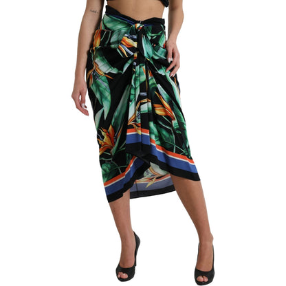 Dolce & Gabbana Black Strelitzia High Waist Wrap Midi Skirt