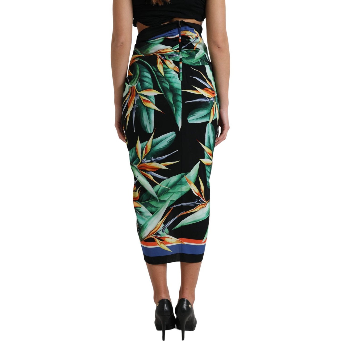 Dolce & Gabbana Black Strelitzia High Waist Wrap Midi Skirt SKI1931-36