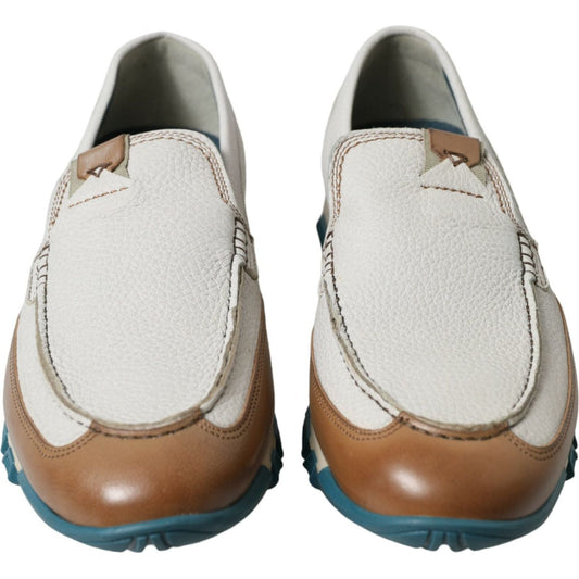 Dolce & Gabbana White Brown Leather Slip On Men Moccasin Shoes MV5373-39