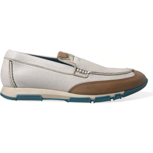 Dolce & Gabbana White Brown Leather Slip On Men Moccasin Shoes MV5373-39