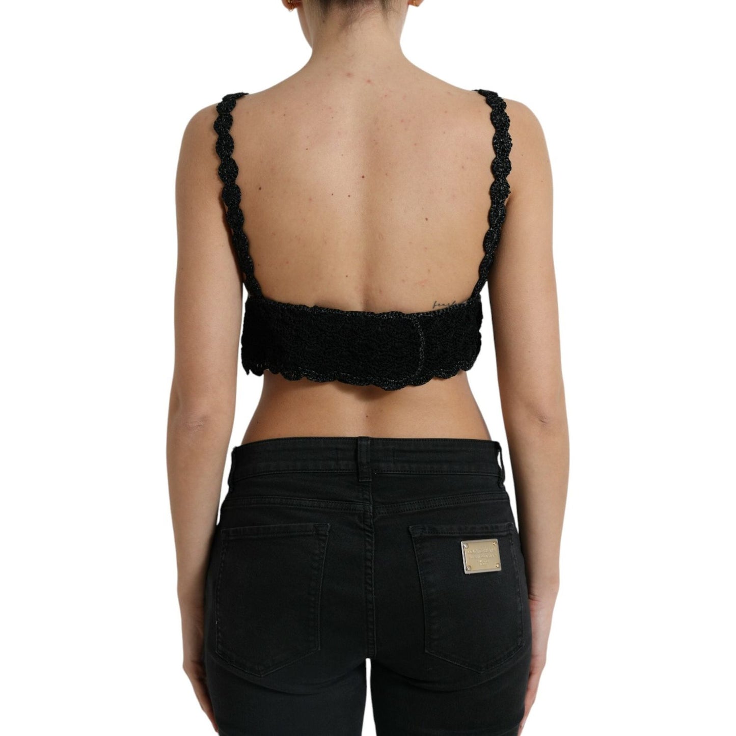 Dolce & Gabbana Black Cotton Bustier Cropped Crochet Tank Top