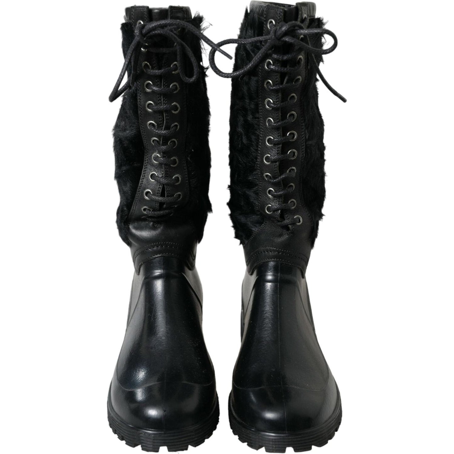 Dolce & Gabbana Black Rubber Lace Up Shearling Rain Boots Shoes MV5587-44