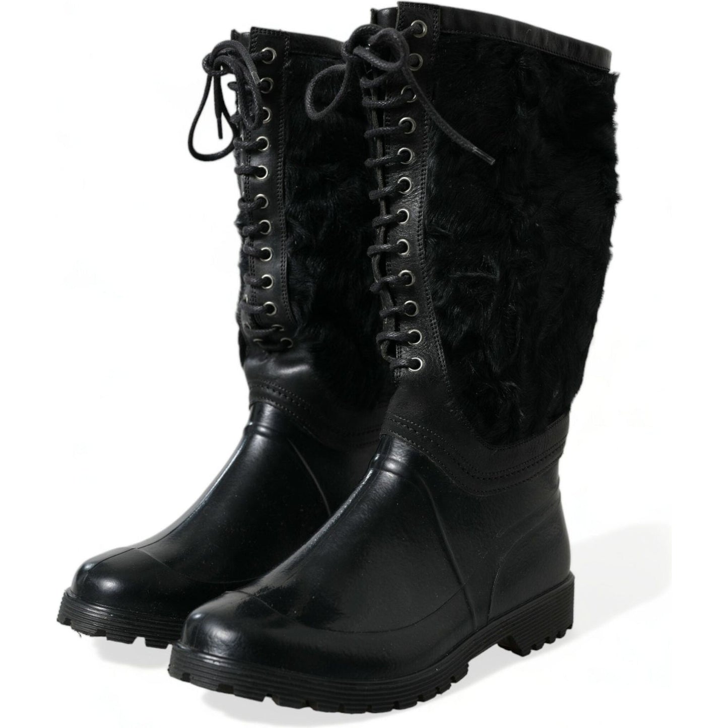 Dolce & Gabbana Black Rubber Lace Up Shearling Rain Boots Shoes MV5587-44