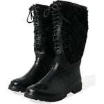 Dolce & Gabbana Black Rubber Lace Up Shearling Rain Boots Shoes MV5587-44