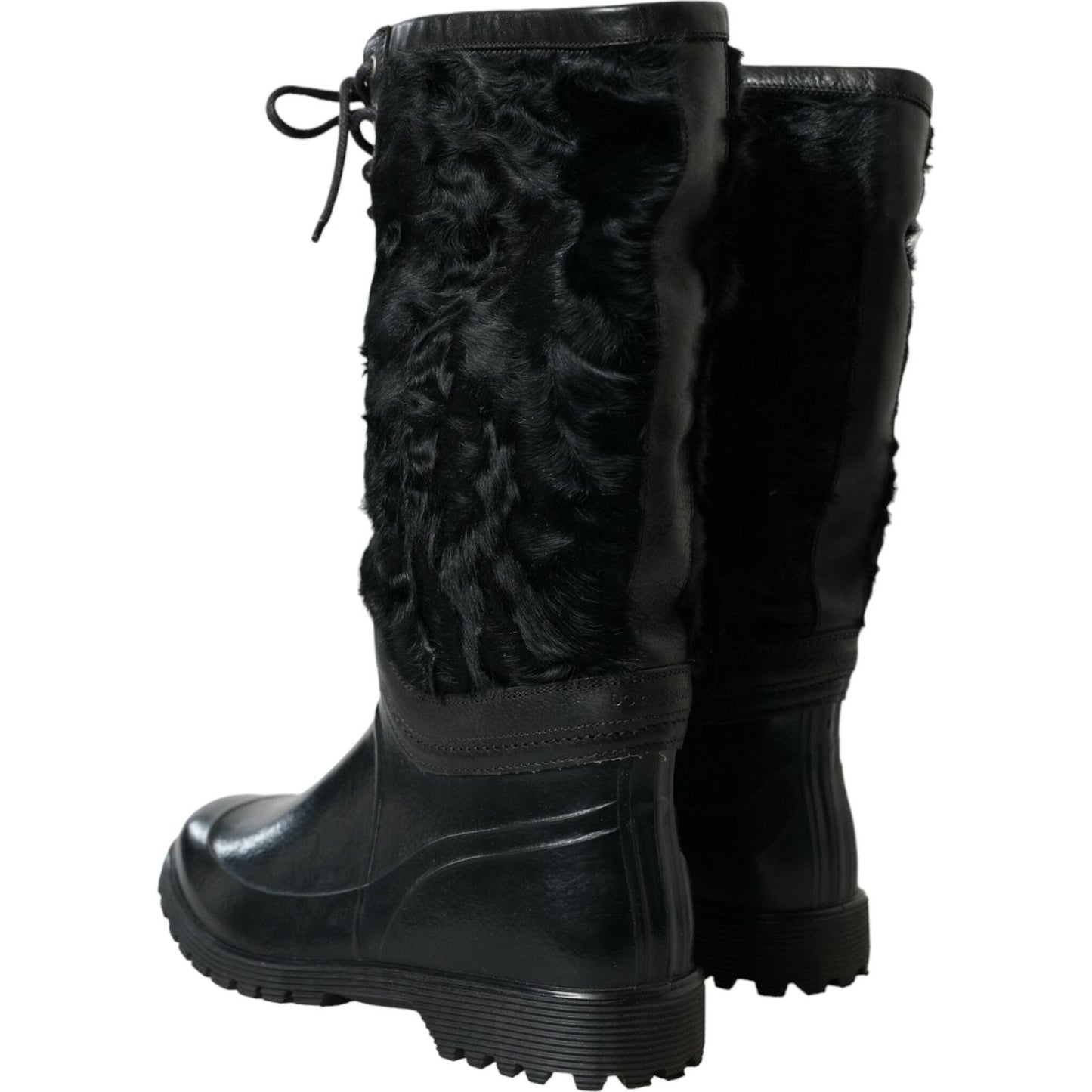 Dolce & Gabbana Black Rubber Lace Up Shearling Rain Boots Shoes MV5587-44