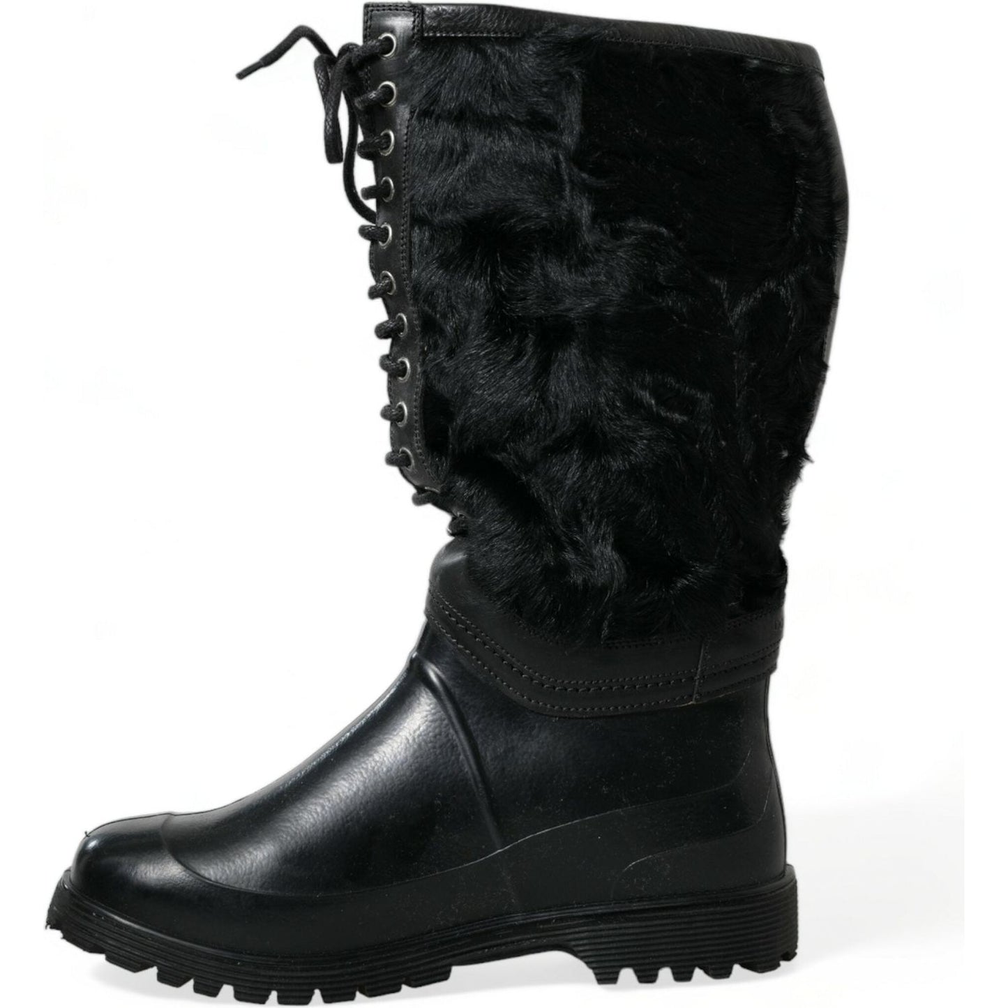 Dolce & Gabbana Black Rubber Lace Up Shearling Rain Boots Shoes MV5587-44
