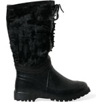 Dolce & Gabbana Black Rubber Lace Up Shearling Rain Boots Shoes MV5587-44