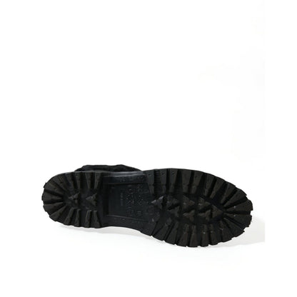 Dolce & Gabbana Black Rubber Lace Up Shearling Rain Boots Shoes