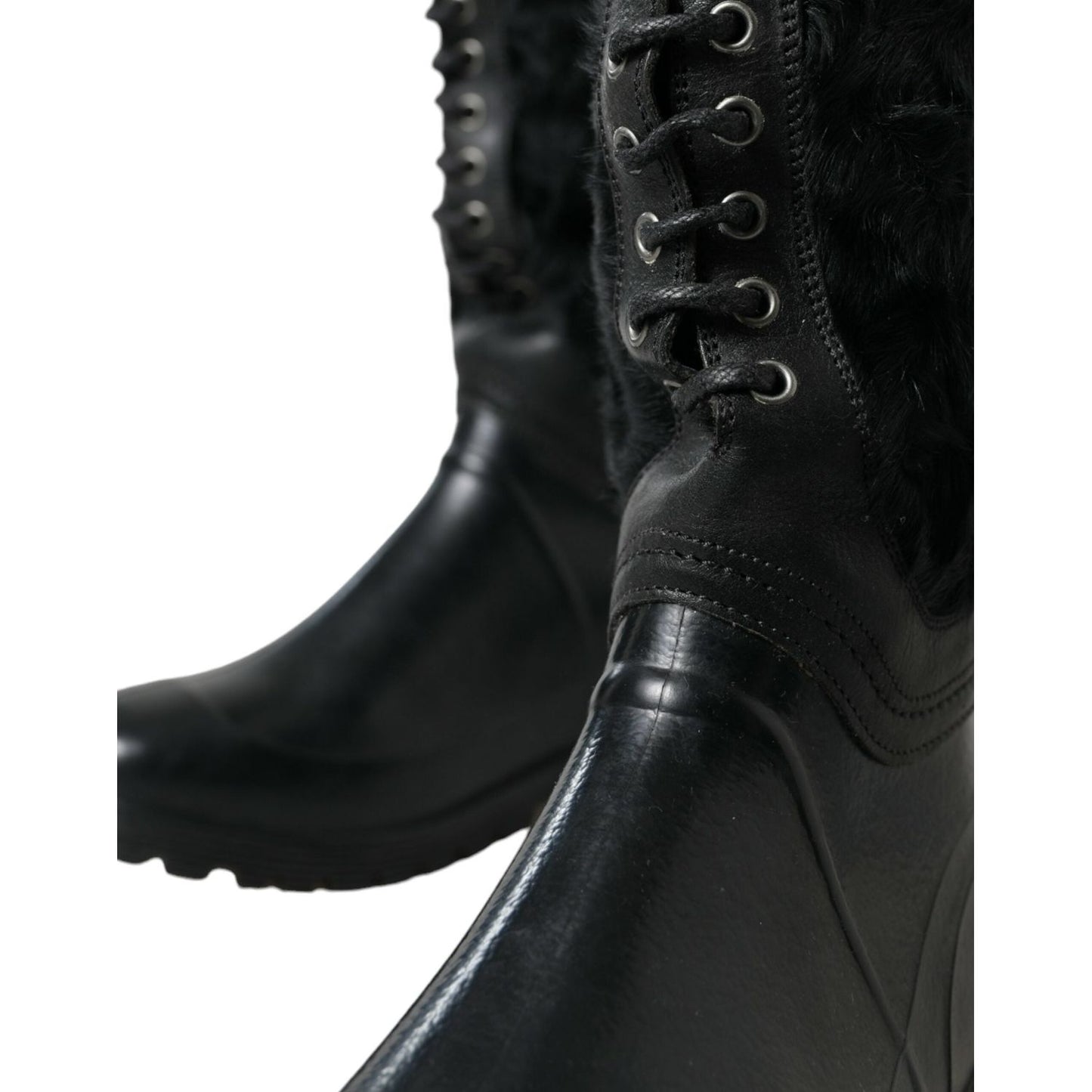 Dolce & Gabbana Black Rubber Lace Up Shearling Rain Boots Shoes MV5587-44