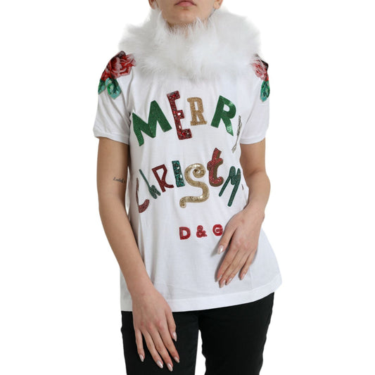 Dolce & Gabbana White Cotton Christmas Sequin Fur T-shirt TSH84529-38