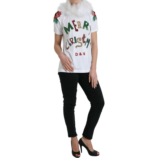 Dolce & Gabbana White Cotton Christmas Sequin Fur T-shirt TSH84529-38