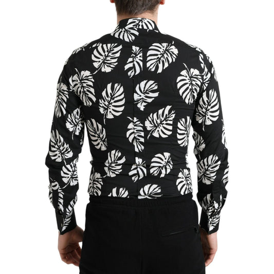 Dolce & Gabbana Black Leaf Cotton Men Formal GOLD Dress Shirt TSH84699-39