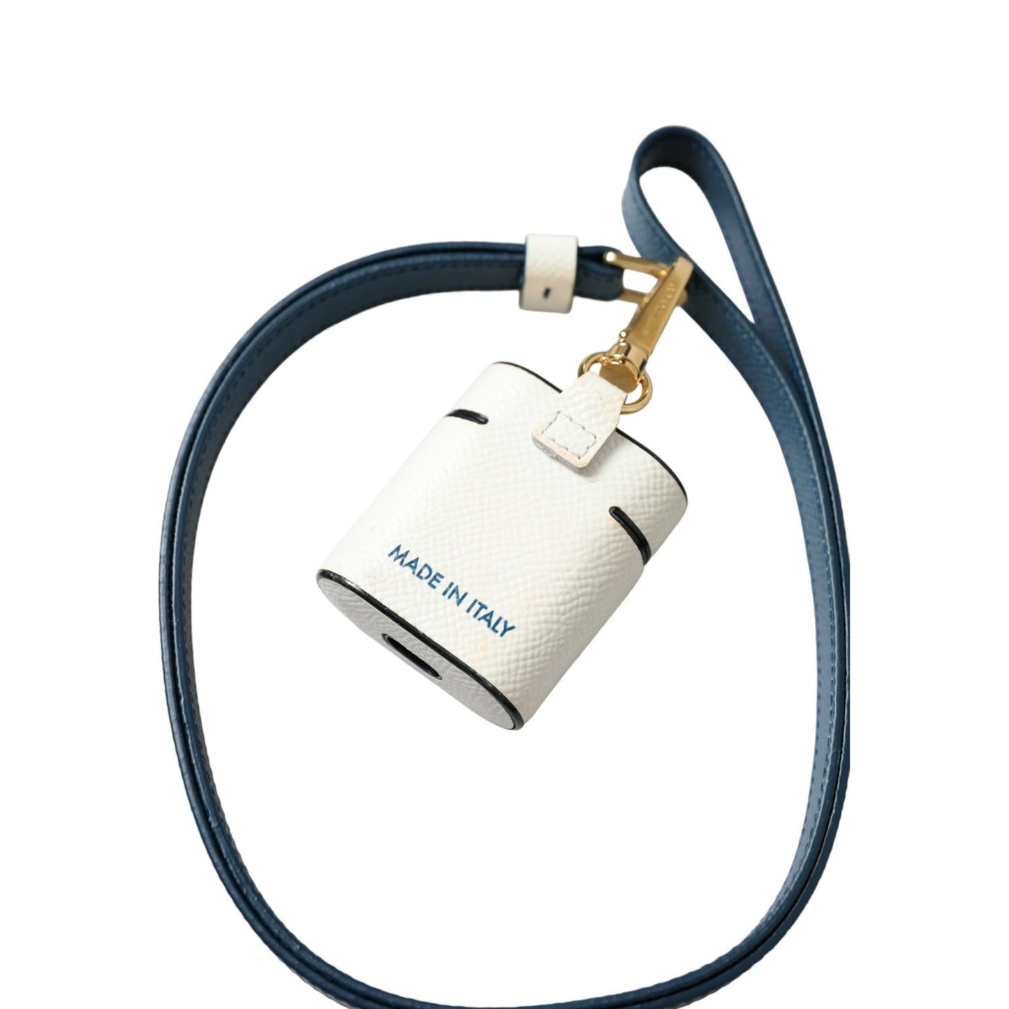 Dolce & Gabbana White Blue Calf Leather Logo Print Strap Airpods Case