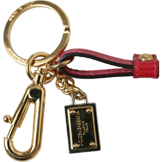 Dolce & Gabbana Red Calf Leather Gold Metal Logo Plaque Keyring Keychain SMY101283