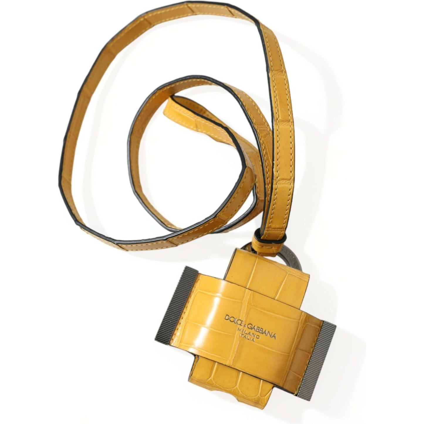 Dolce & Gabbana Yellow Crocodile Leather Logo Print Lanyard Keychain