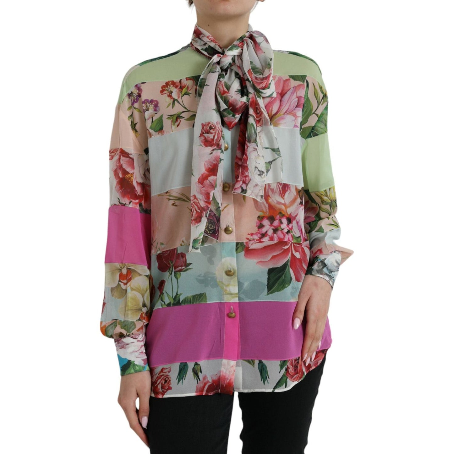 Dolce & Gabbana Multicolor Floral Patchwork Ascot Collar Top