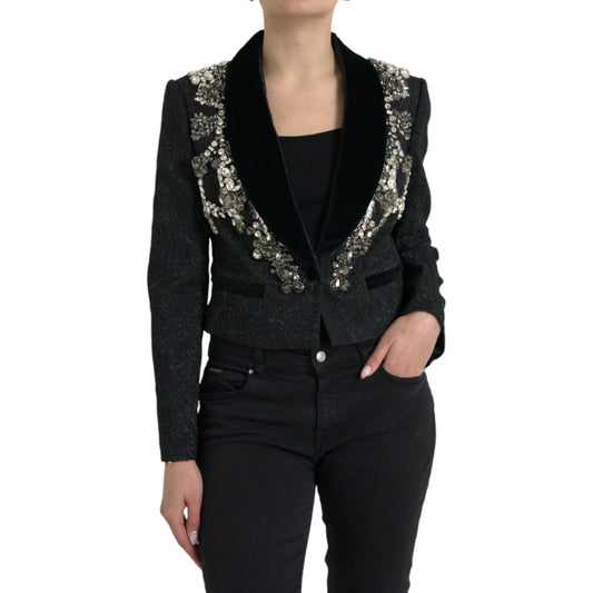 Dolce & Gabbana Black Crystal Embellished Overcoat Jacket JKT4057-44
