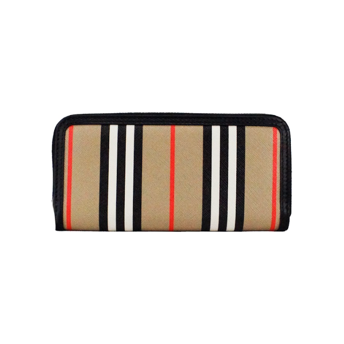 Ellerby 黑色皮革标志性条纹帆布拉链长款钱包