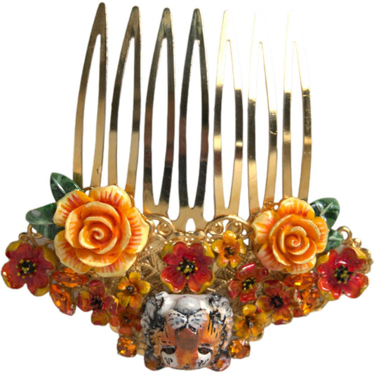 Dolce & Gabbana Gold Brass Crystal Leopard Floral Hair Comb SMY101380