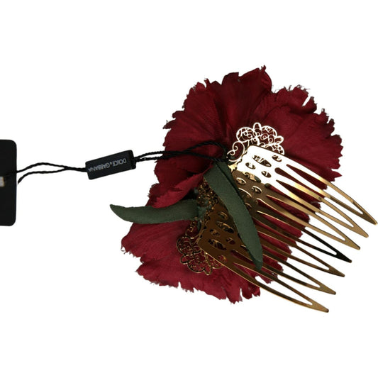 Dolce & Gabbana Red Silk Floral Gold Brass Women Hair Comb SMY101439