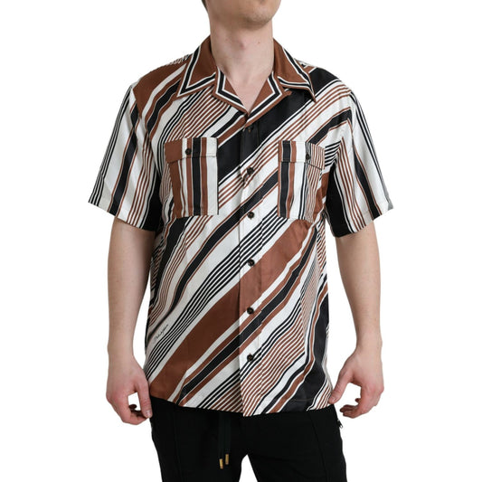 Dolce & Gabbana Brown White Silk Striped Short Sleeve Shirt TSH84691-40