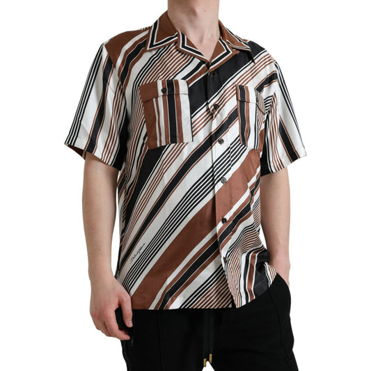 Dolce & Gabbana Brown White Silk Striped Short Sleeve Shirt TSH84691-40