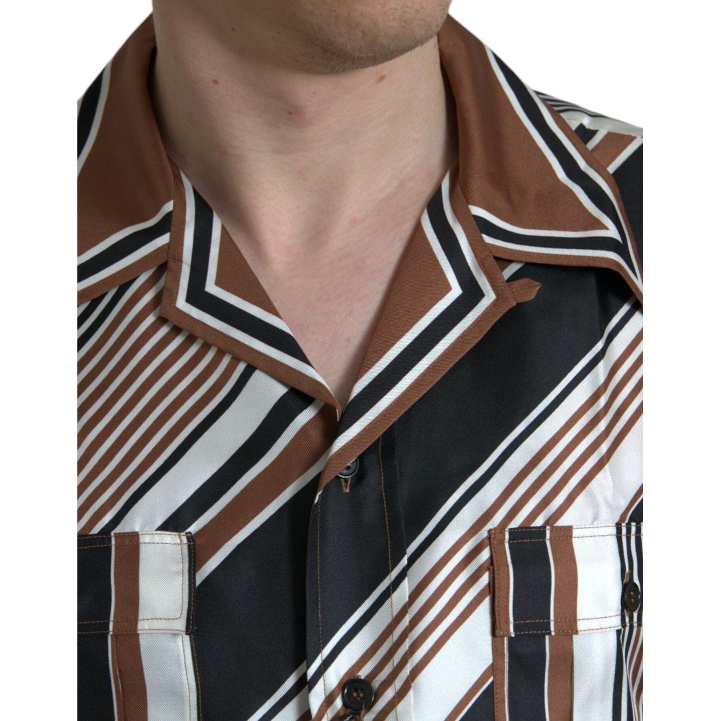 Dolce & Gabbana Brown White Silk Striped Short Sleeve Shirt TSH84691-40