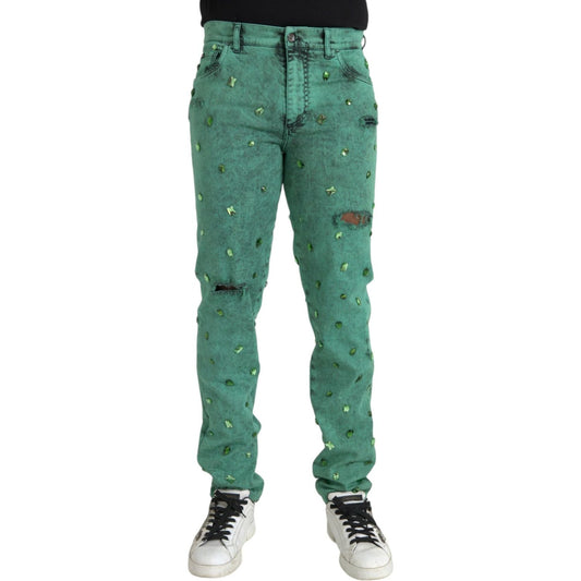 Dolce & Gabbana Green Crystals Cotton Stretch Slim Jeans PAN75301-50