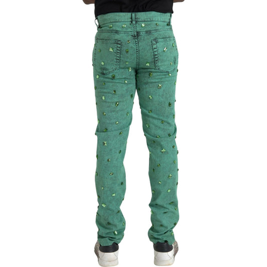 Dolce & Gabbana Green Crystals Cotton Stretch Slim Jeans PAN75301-50