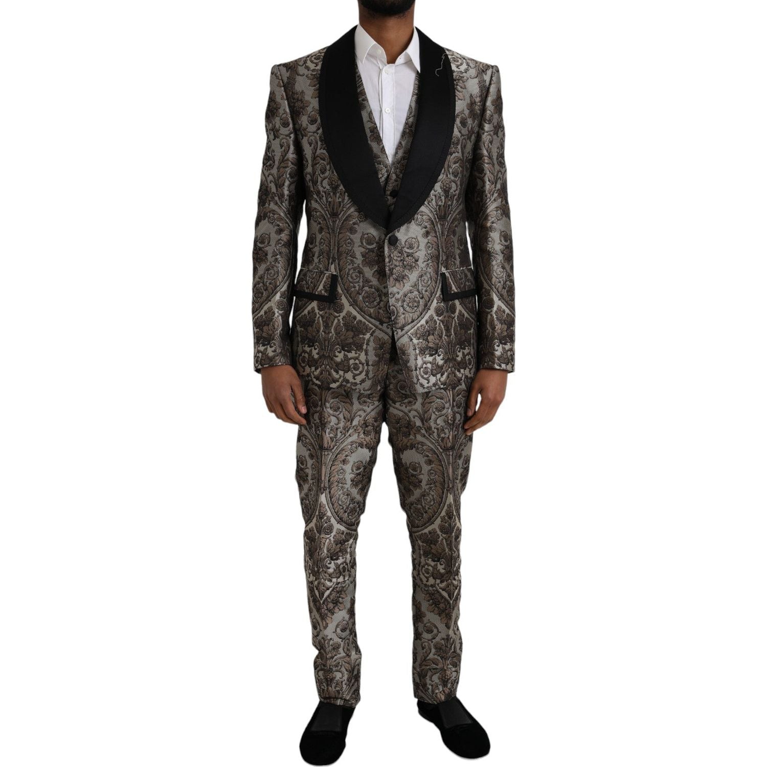 棕色花卉提花正装三件套西装