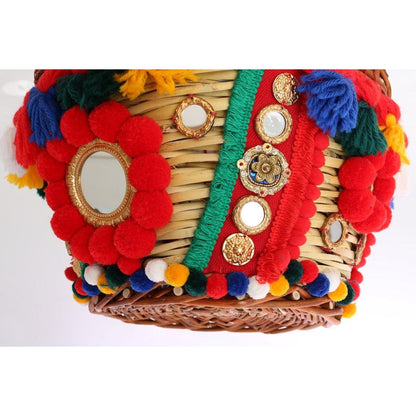 Dolce & Gabbana Multicolor AGNESE Straw Crystal Pom Pom Bag