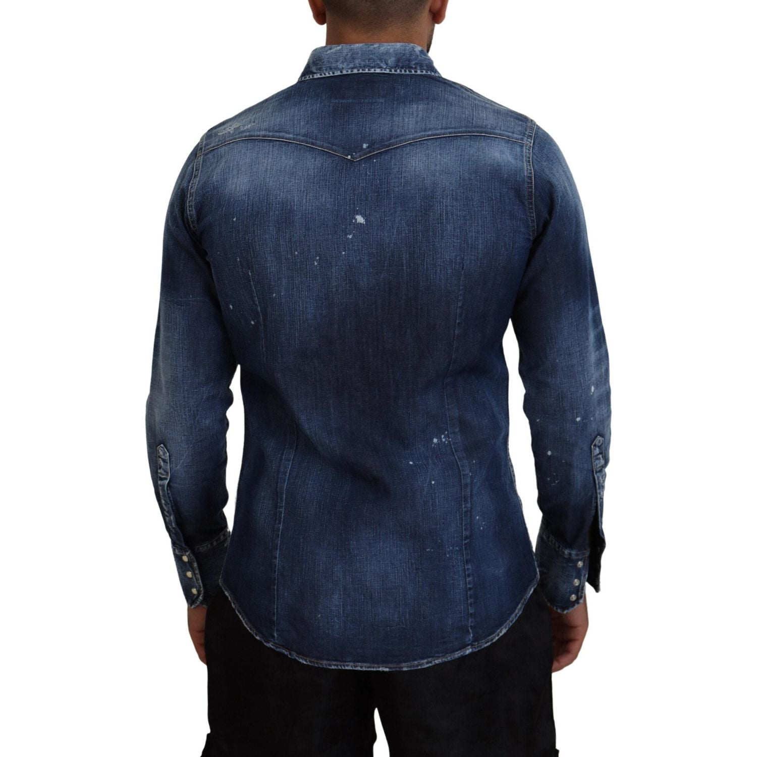 蓝色水洗哥特冲浪者印花男式牛仔衬衫