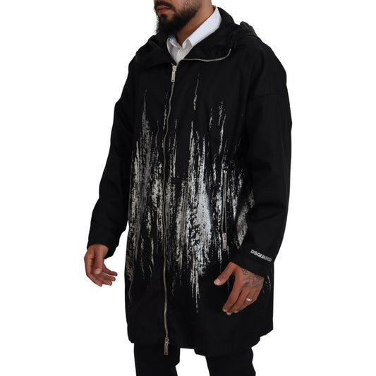 Dsquared² Black White Print Long Hooded Coat Nylon Jacket JKT3547-48