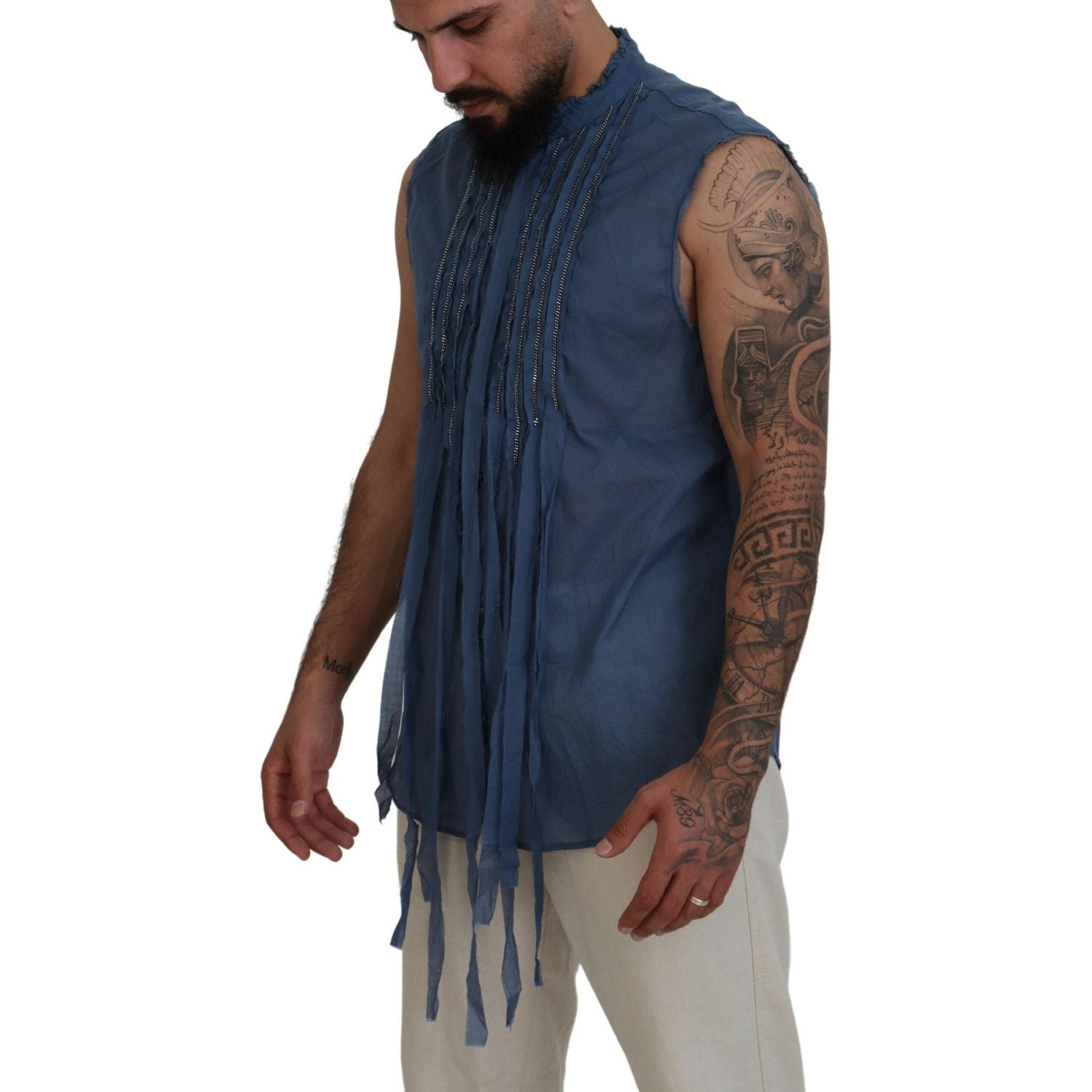 蓝色棉质链条装饰无袖衬衫