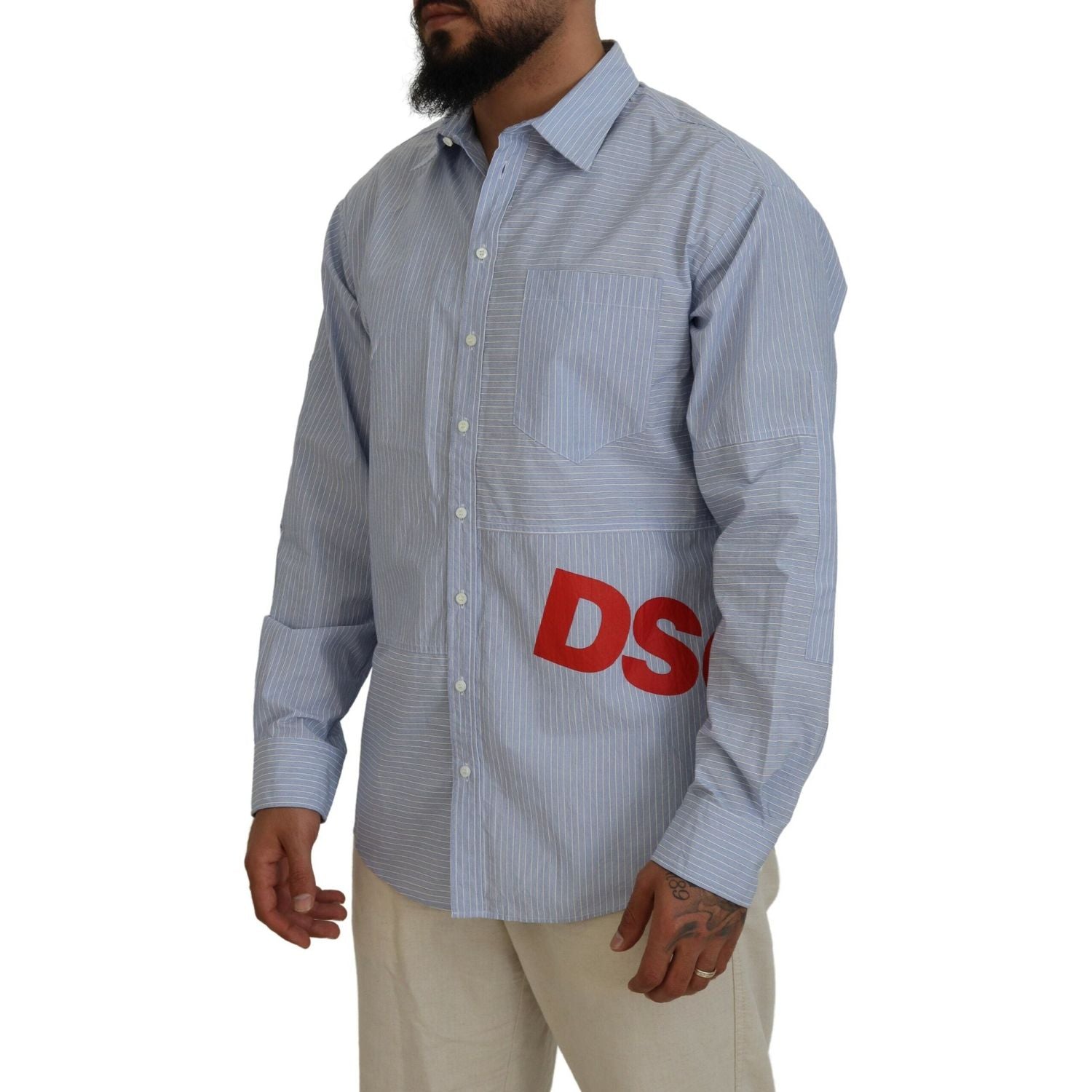 蓝色条纹徽标印花长袖正装衬衫