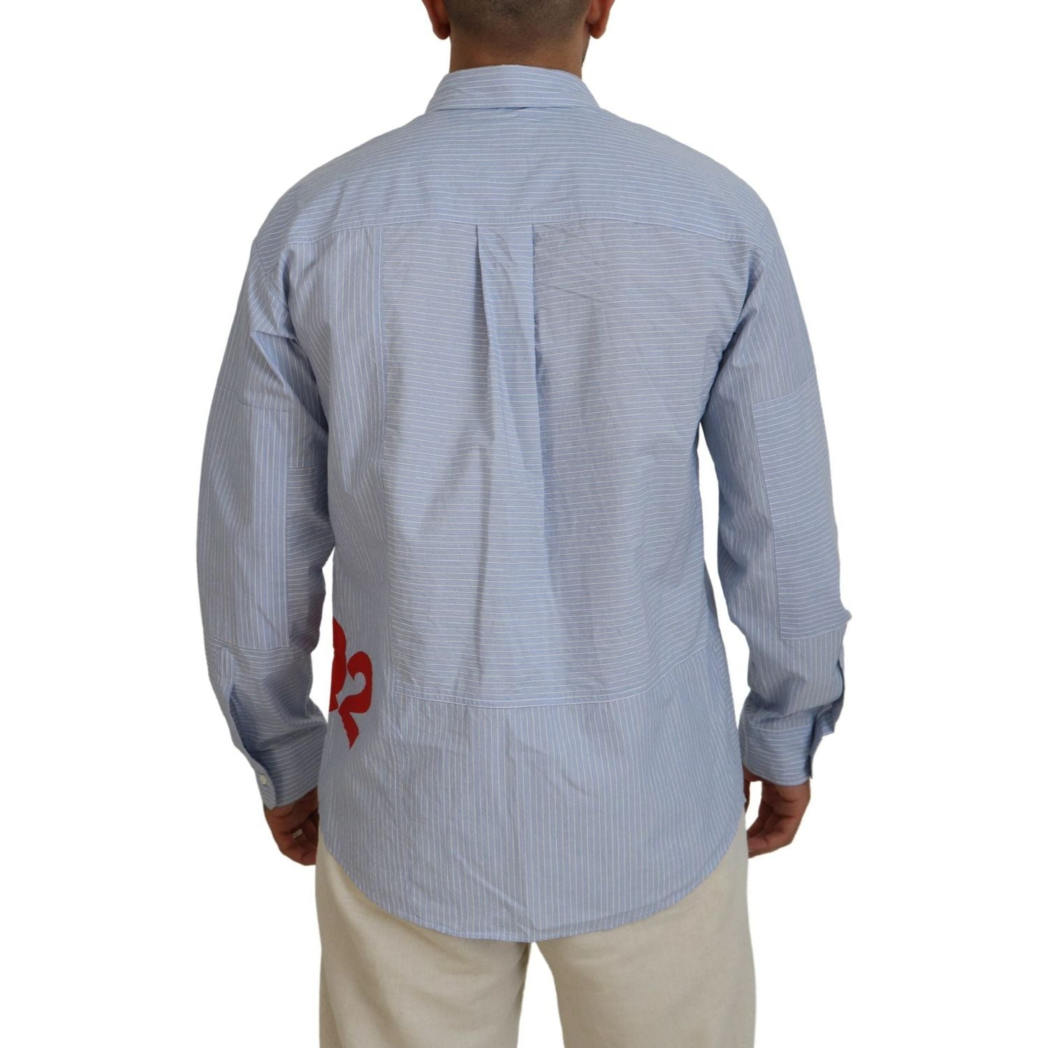 蓝色条纹徽标印花长袖正装衬衫