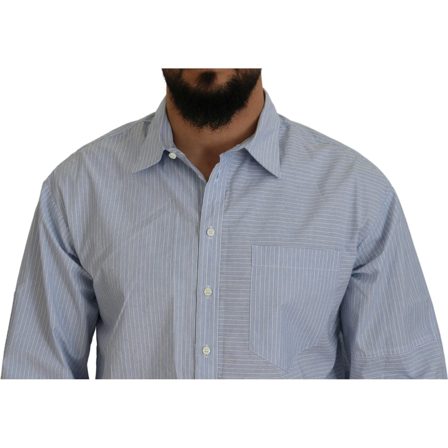 蓝色条纹徽标印花长袖正装衬衫