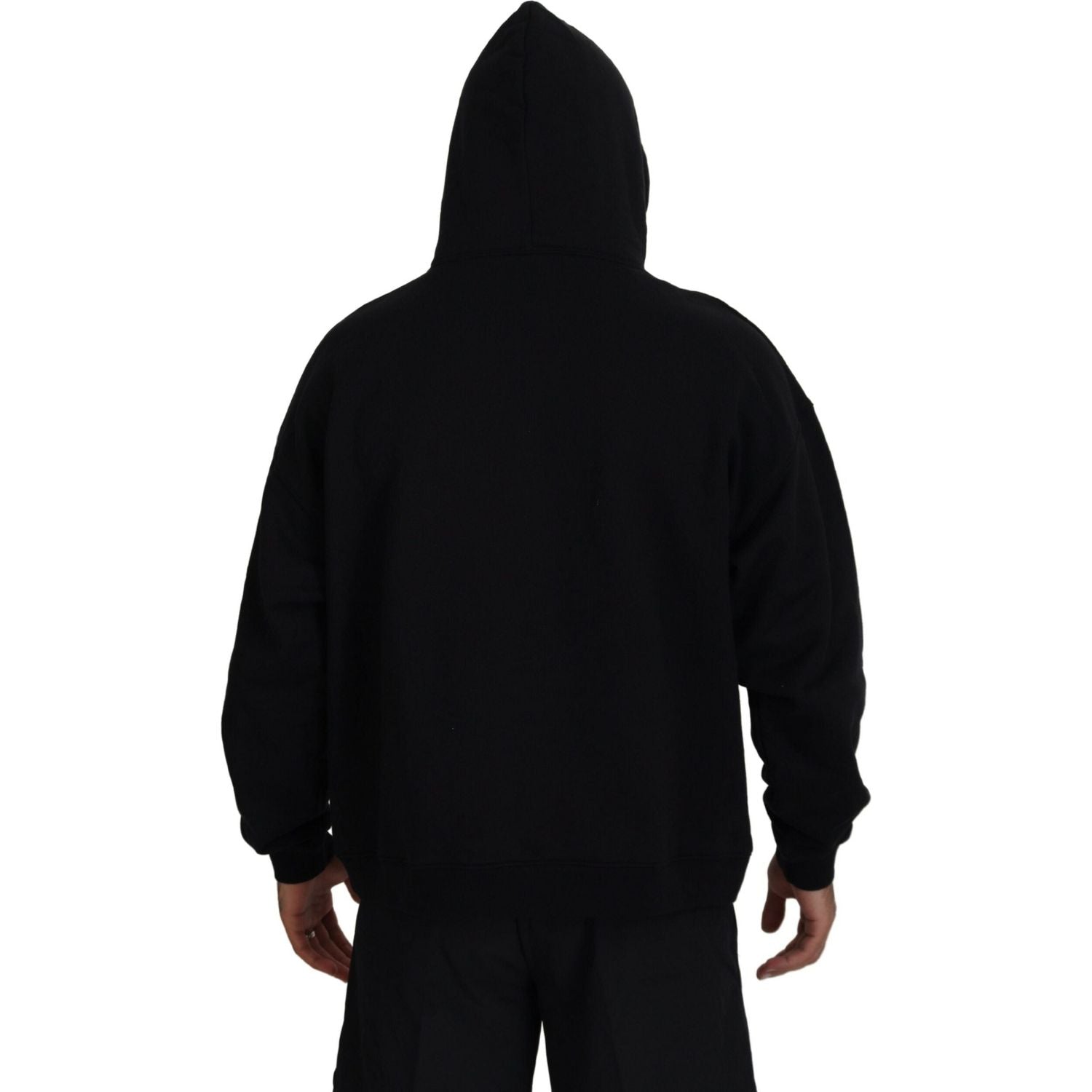 黑色棉质连帽印花男式套头衫