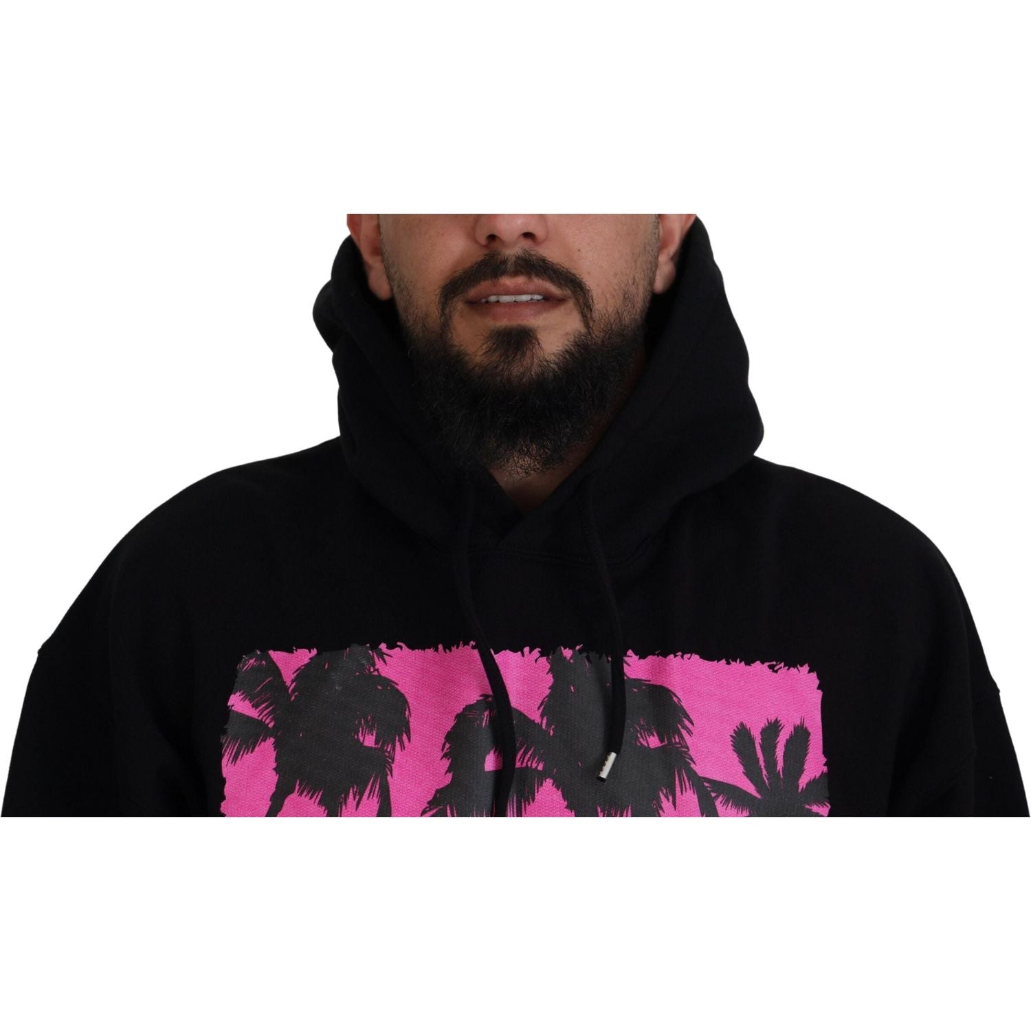 黑色棉质连帽印花男式套头衫