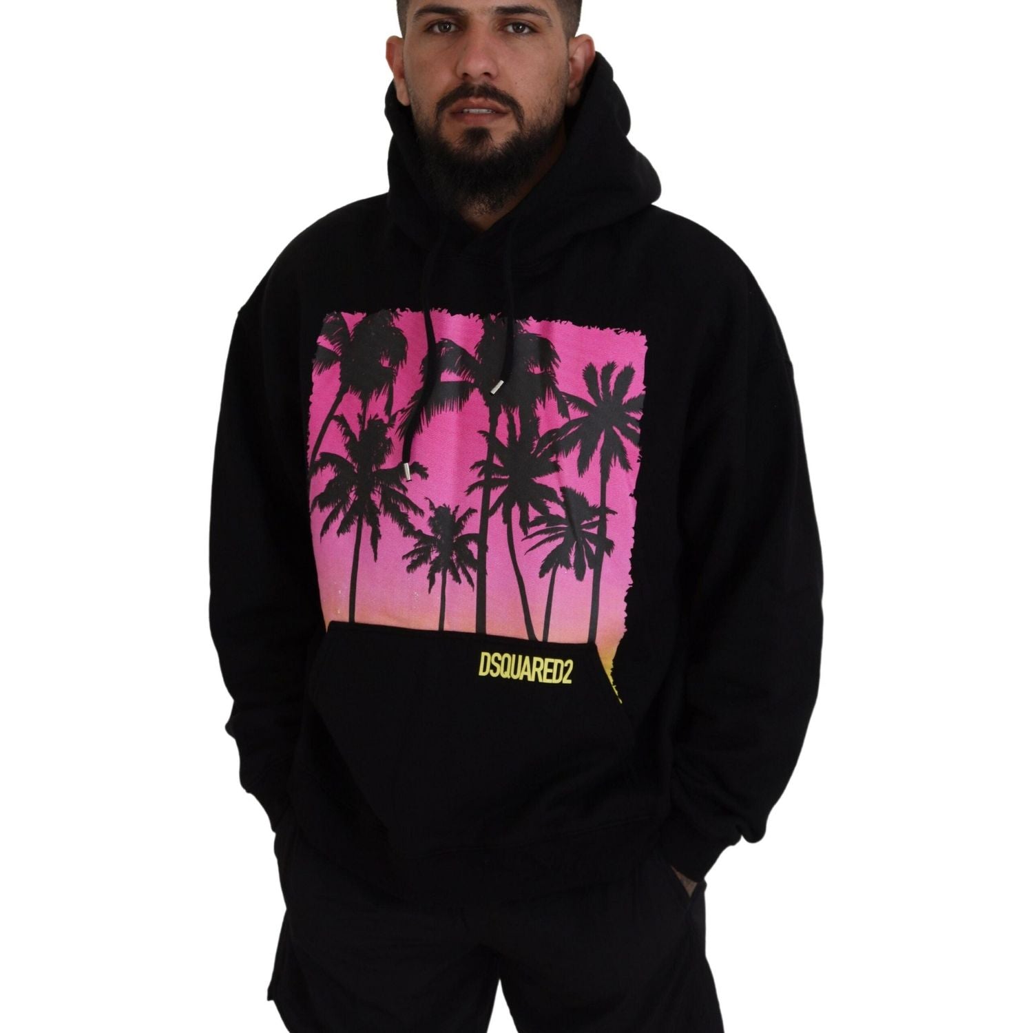 黑色棉质连帽印花男式套头衫