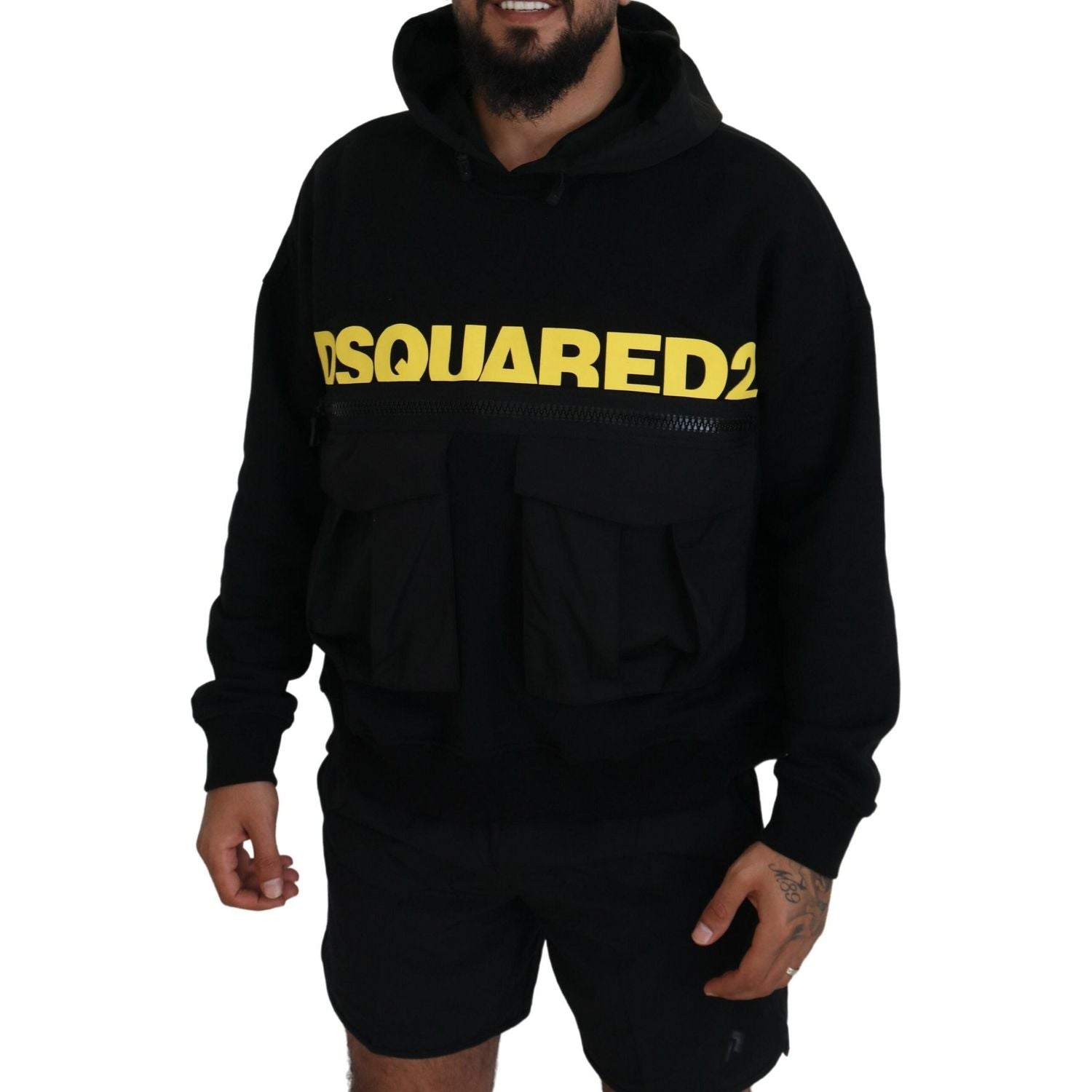 سترة صوفية مطبوعة بغطاء رأس من القطن الأسود من Dsquared²