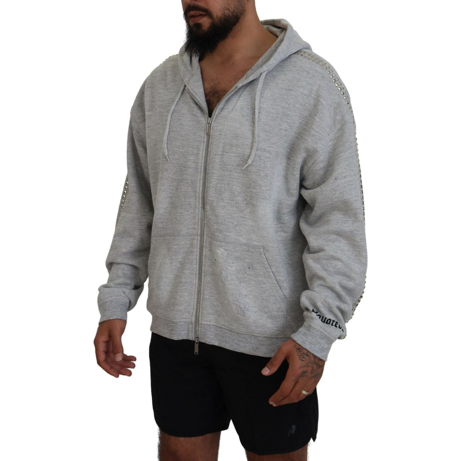 灰色连帽印花水晶装饰毛衣