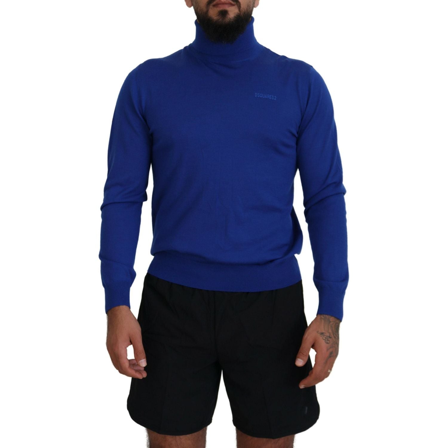 蓝色徽标印花长袖高领毛衣