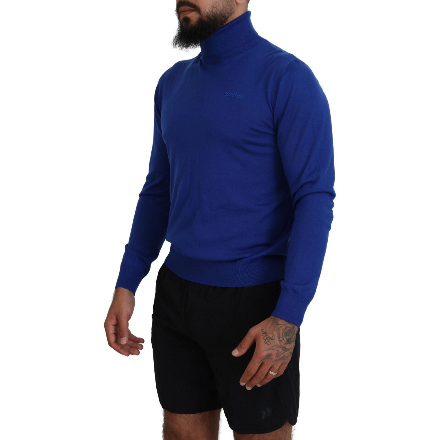 蓝色徽标印花长袖高领毛衣