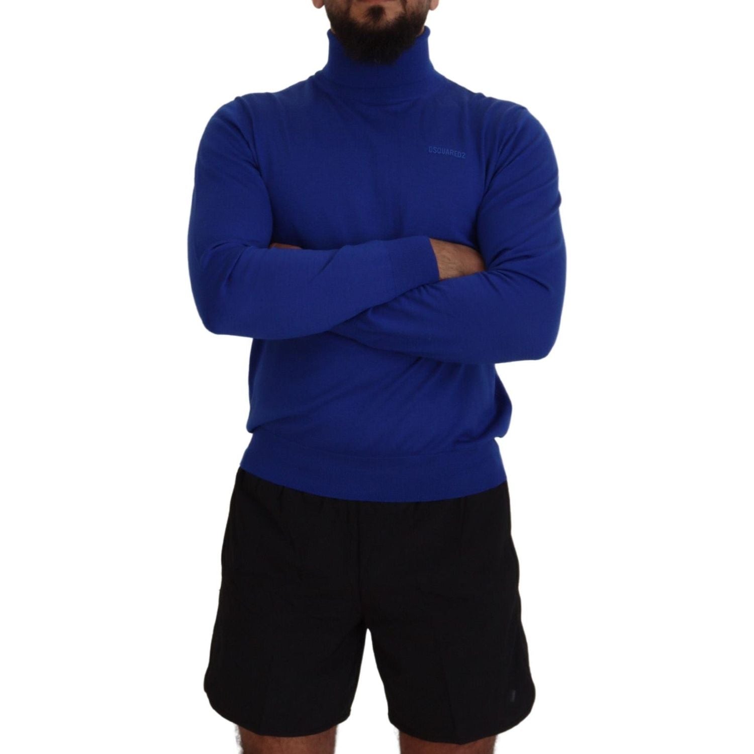 蓝色徽标印花长袖高领毛衣