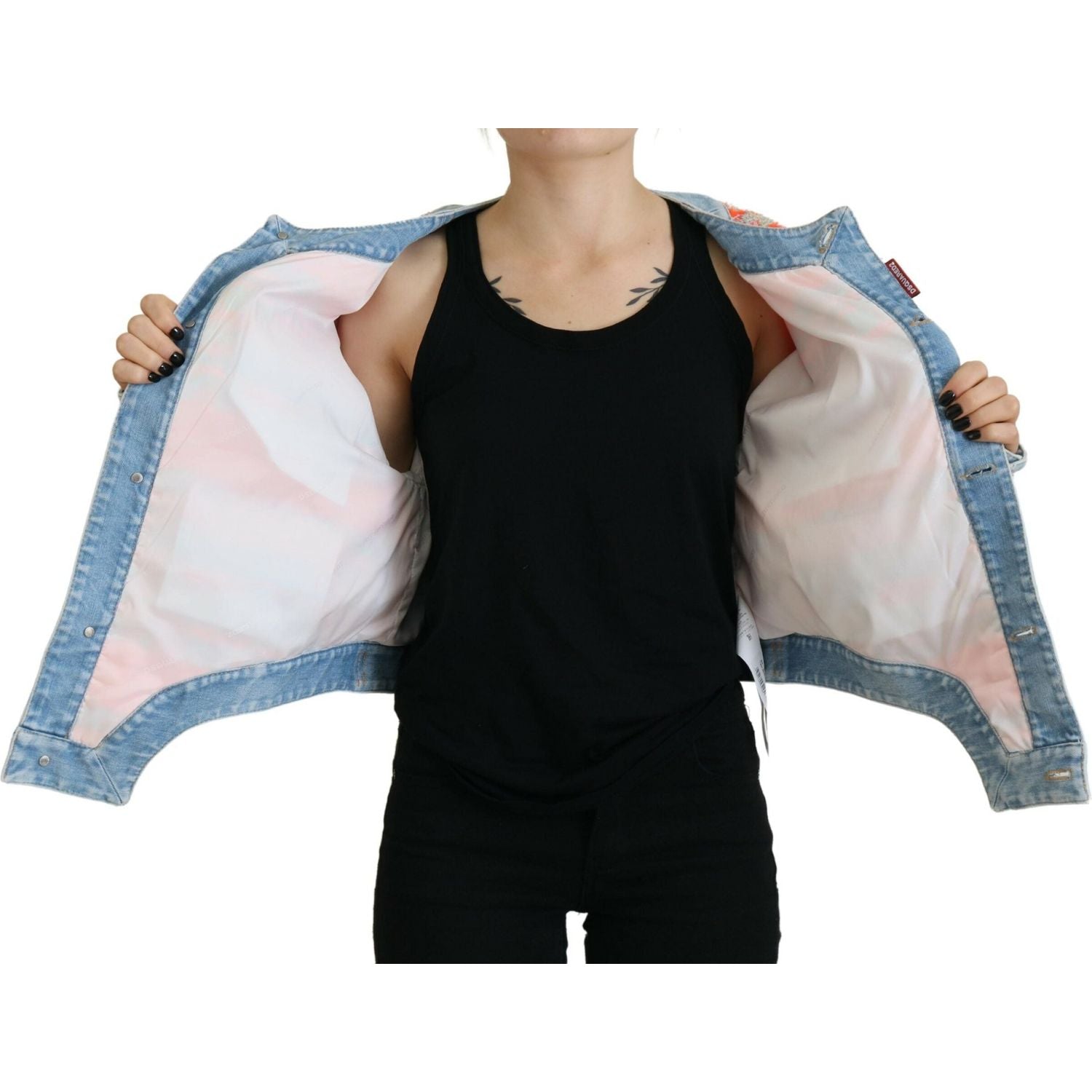 橙蓝色拼接纽扣前牛仔夹克