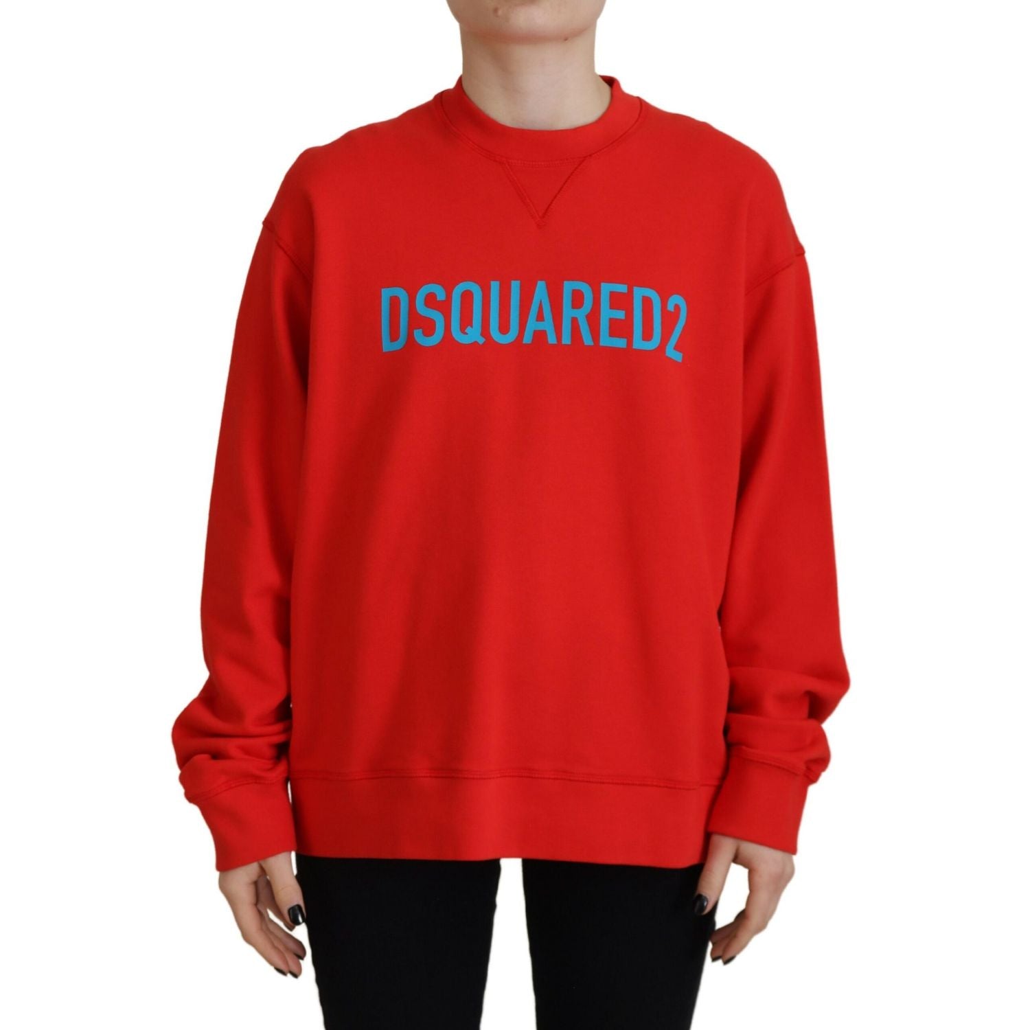 سترة Dsquared² حمراء من القطن المطبوع برقبة دائرية وأكمام طويلة