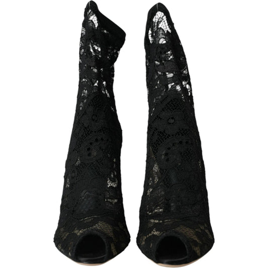 Dolce & Gabbana Black Stretch Taormina Lace Boots Shoes LA10784-37.5
